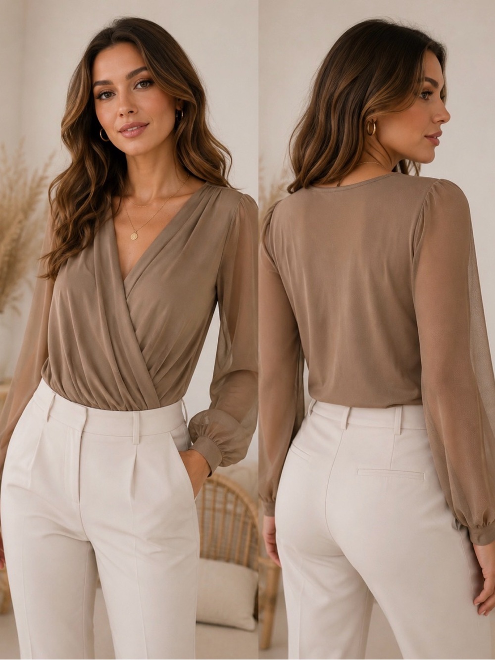 344 Wishlist Boutique Taupe Surplice Bodysuit Sheer Long Sleeve Large Boho